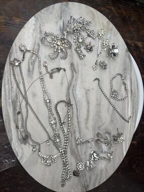 Jewelry Lot VTG Rhinestone Costume  Silver Tone Necklace Bracelet Brooch Mix